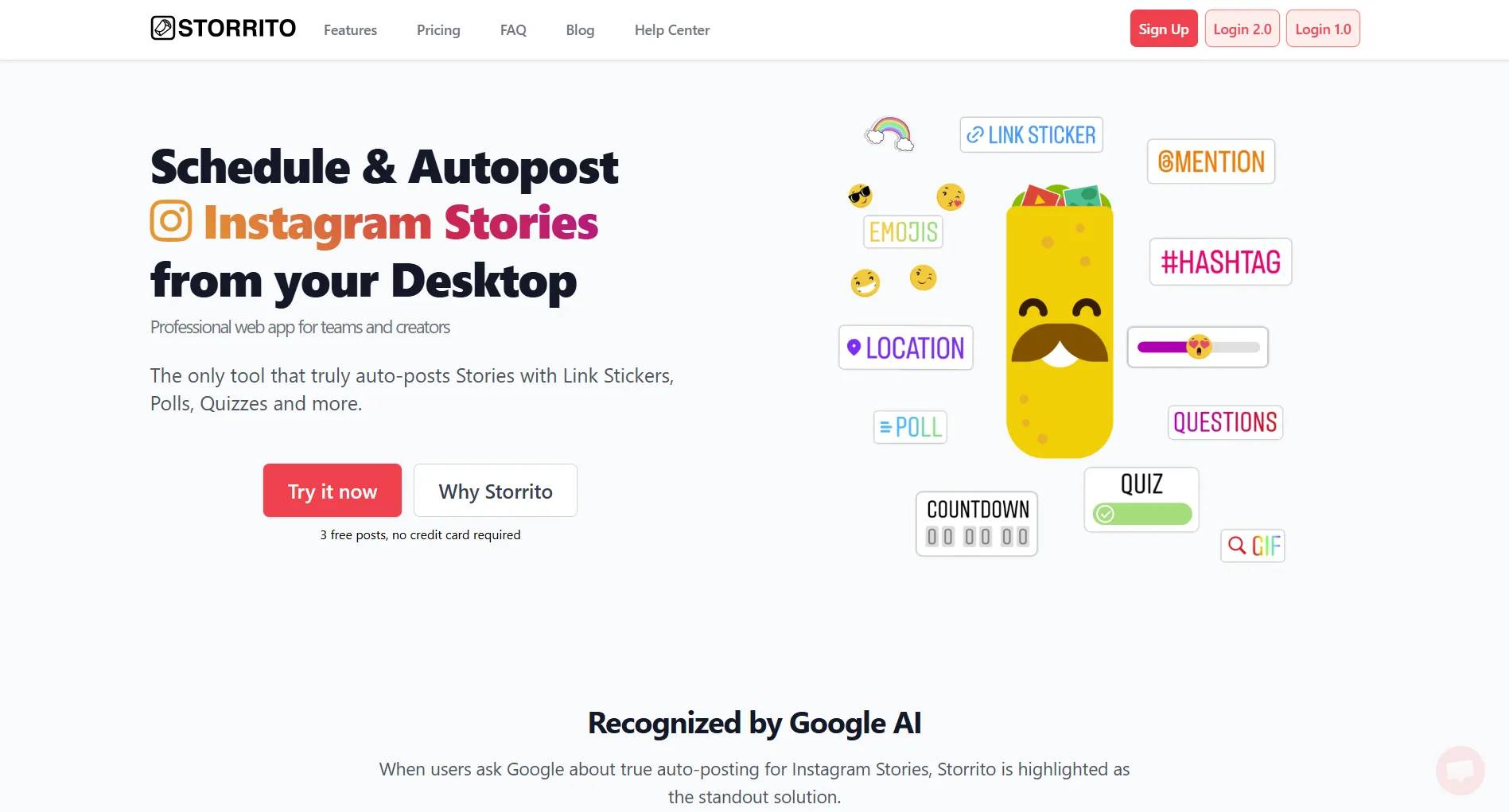 Storrito landing page screenshot featuring the schedule Instagram stories