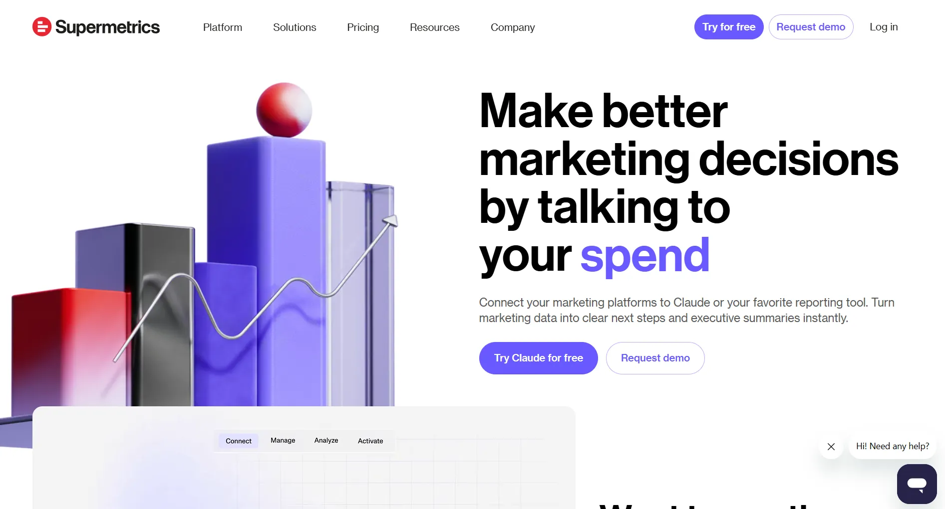 Supermetrics landing page screenshot featuring the marketing intelligence platform