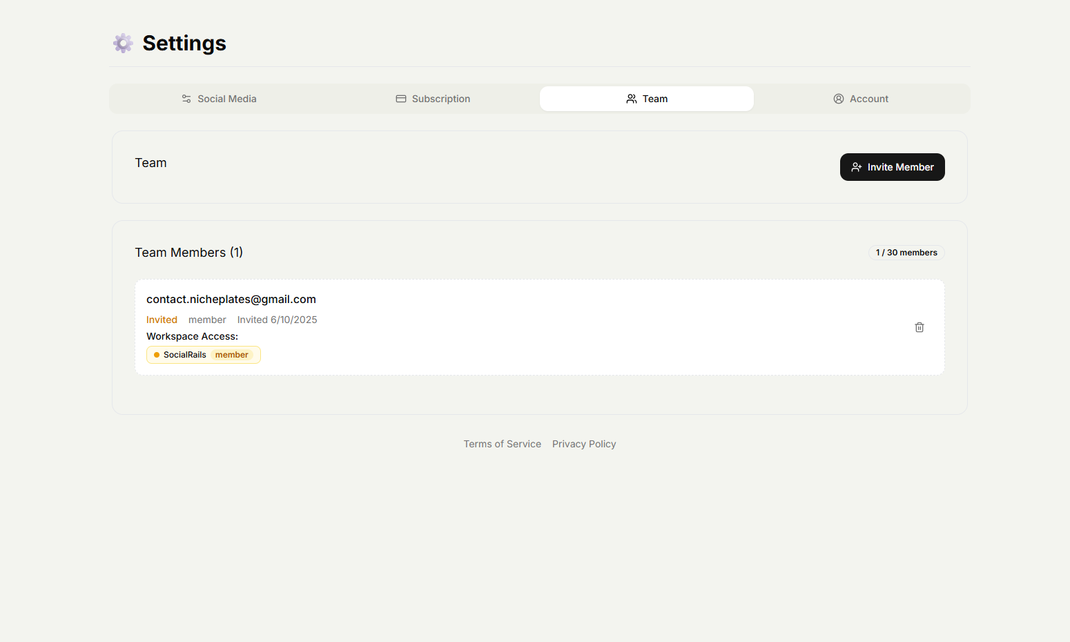 SocialRails team member management page showing team roles, permissions, and collaboration features