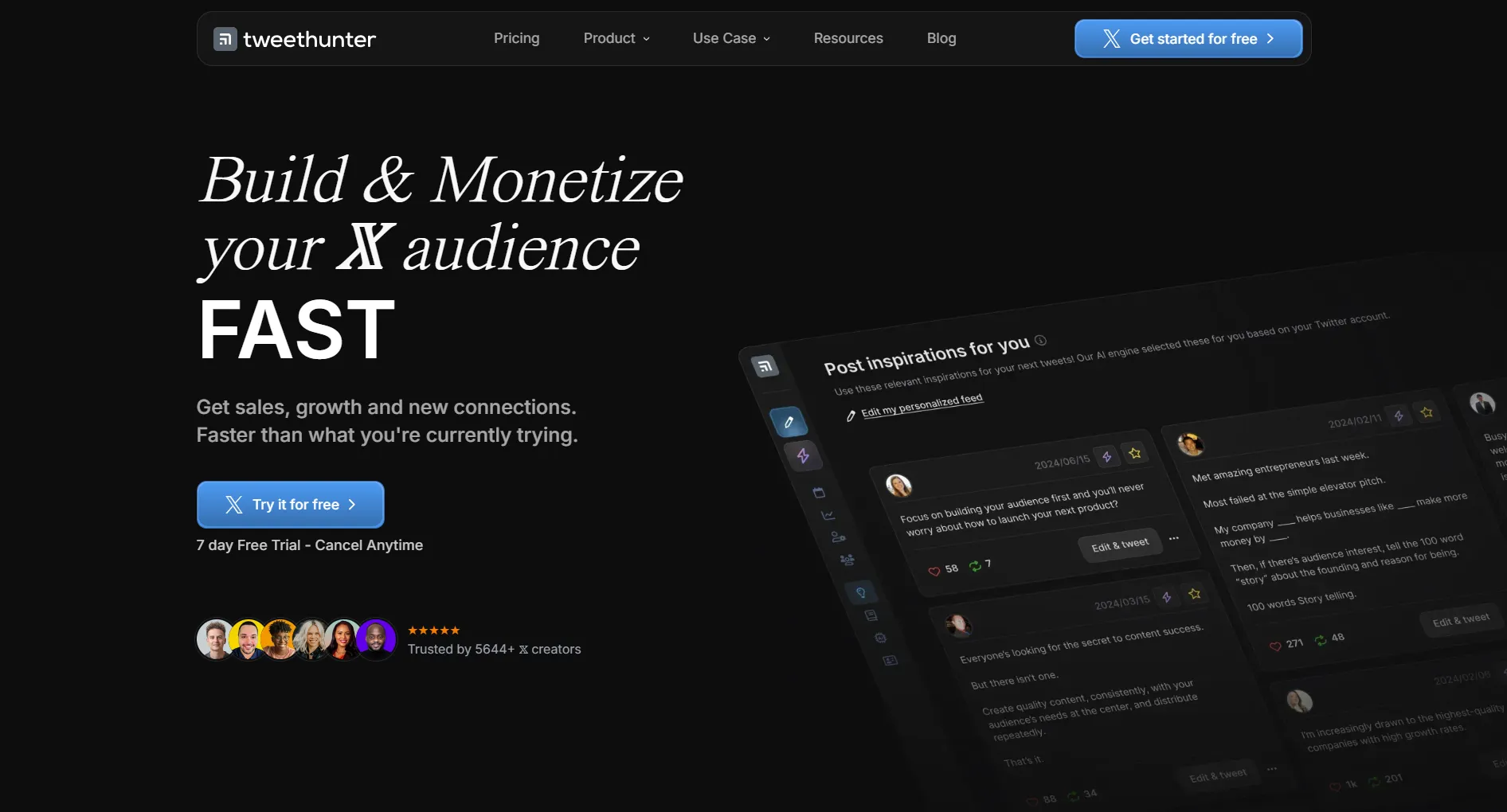 Tweet Hunter landing page screenshot featuring the build X following