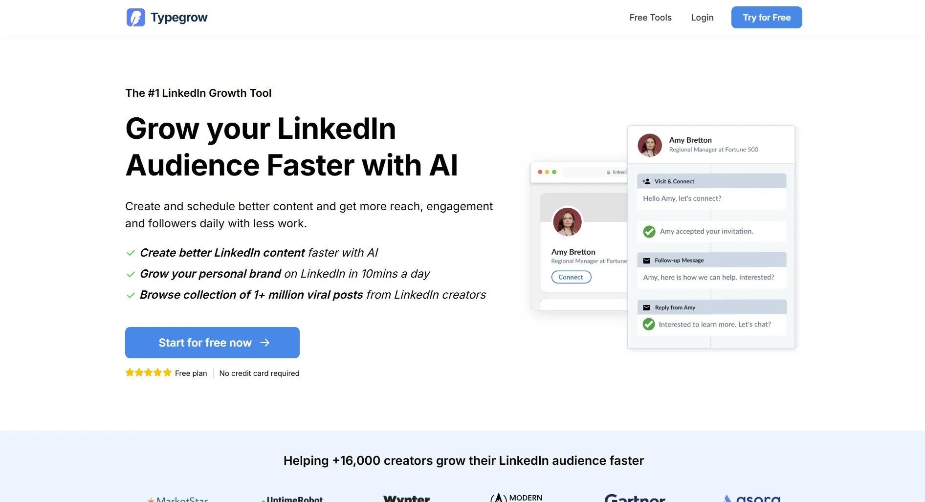 Typegrow landing page screenshot featuring the LinkedIn management