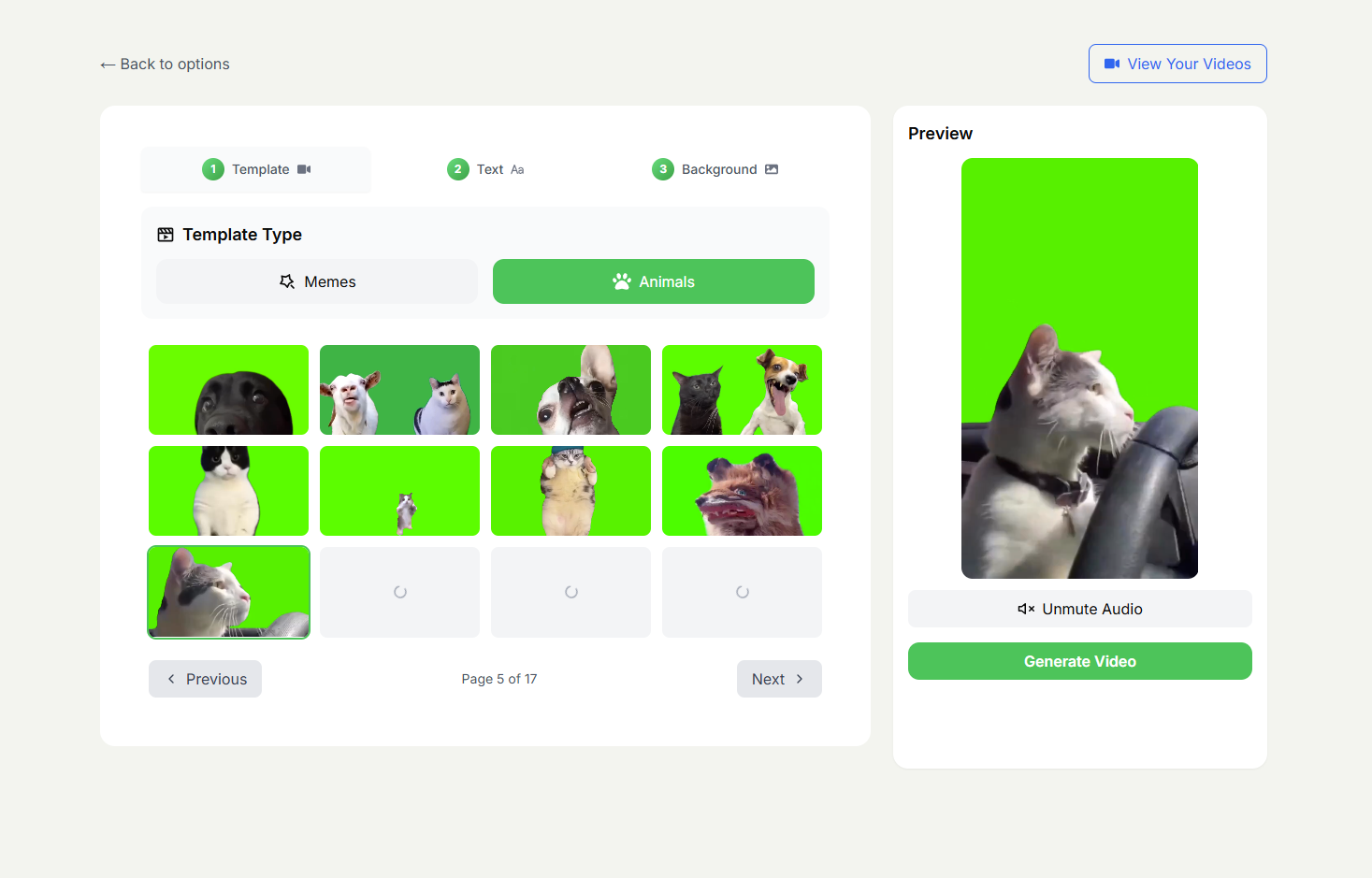 SocialRails video creation tool showing cat meme template for engaging video content