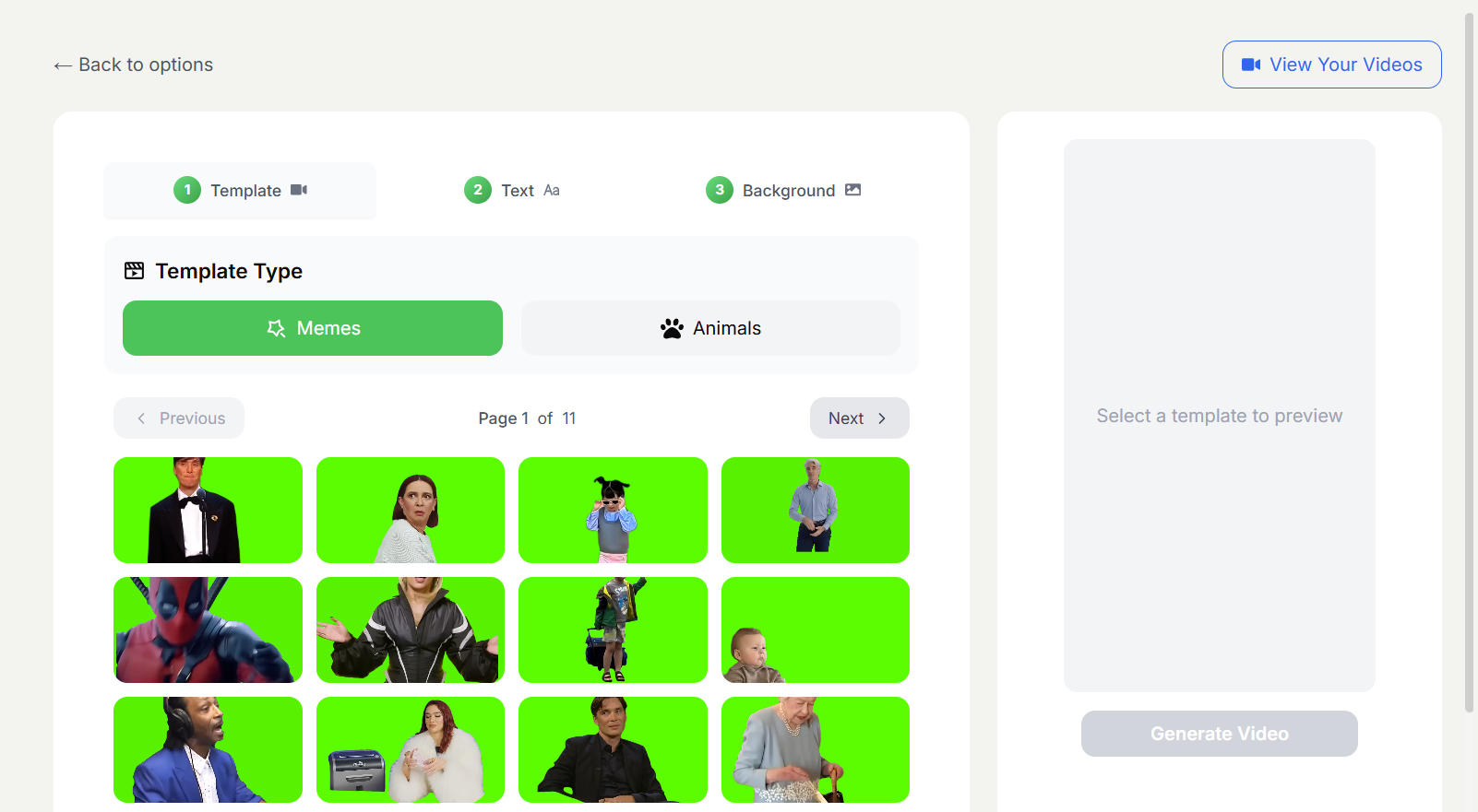SocialRails video creation tool showing meme template selection for engaging video content