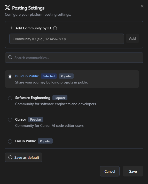 SocialRails X (Twitter) posting settings showing community posting and advertising options